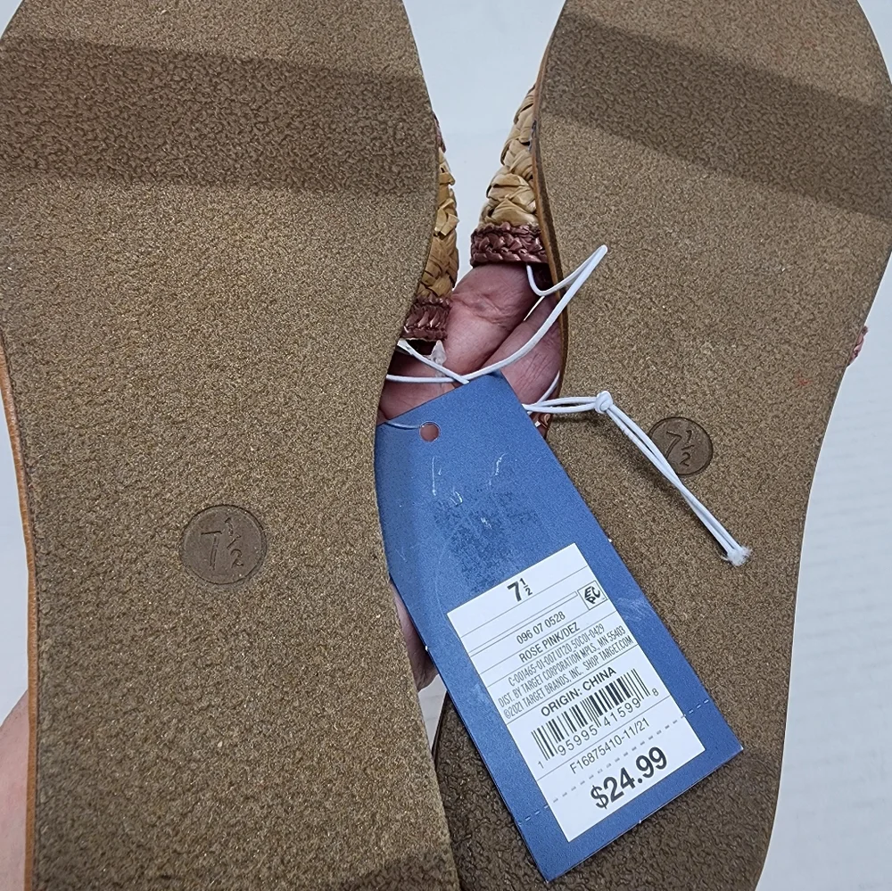 New Woven Slide Sandals Rose Raffia Slide Boho Sandals Beach Flat Flip Flops 7.5